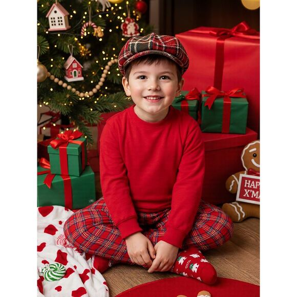 Child's Christmas Long Sleeve Tee with Pants Plaid Pajama Sets Red - Picture 3 of 4